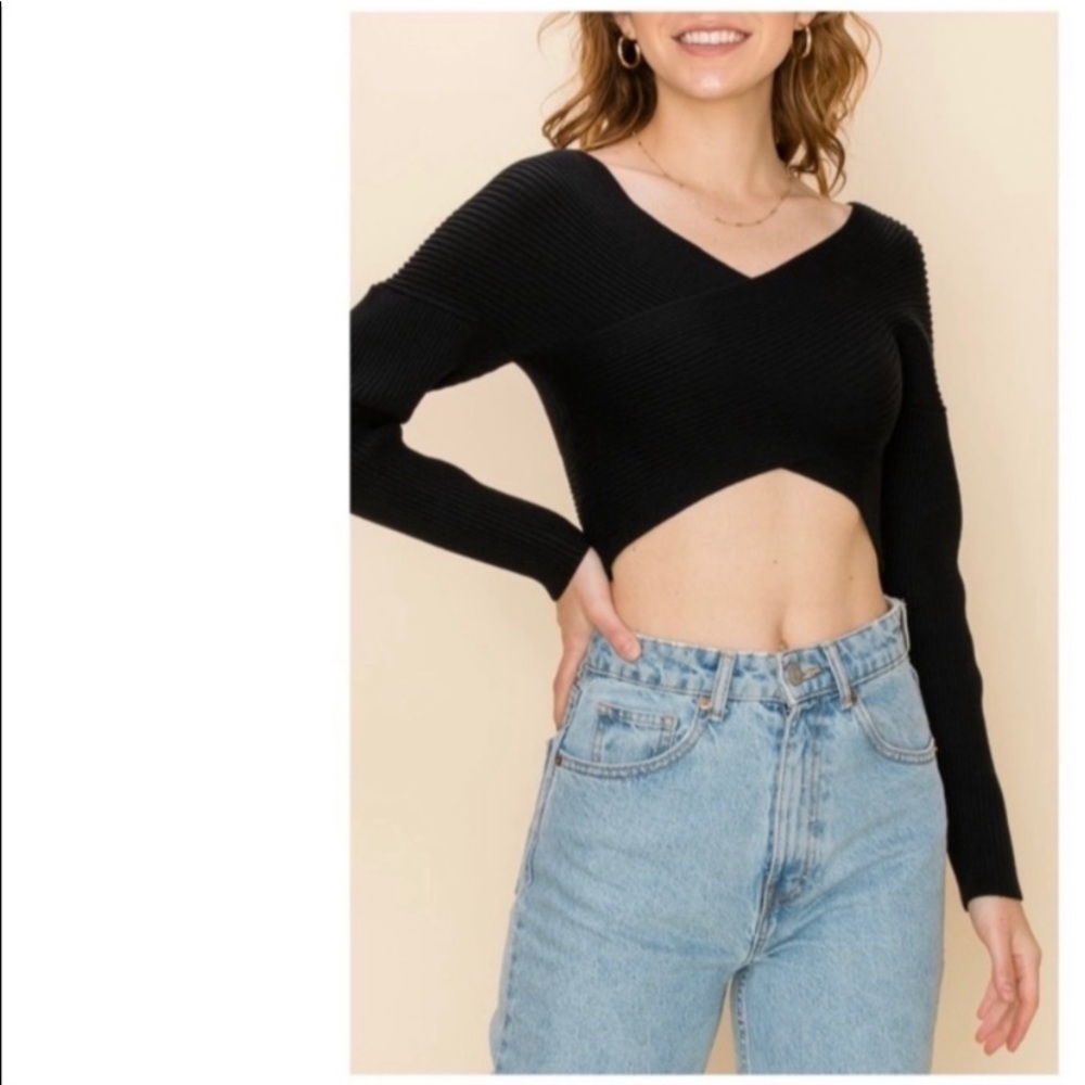 HYFVE Ribbed Crossover Cropped Knit Sweater